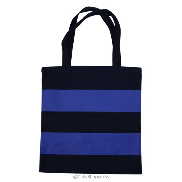J. Crew VIP Black & Dark Periwinkle Blue Striped Canvas Rugby Tote Bag - Picture 3 of 4